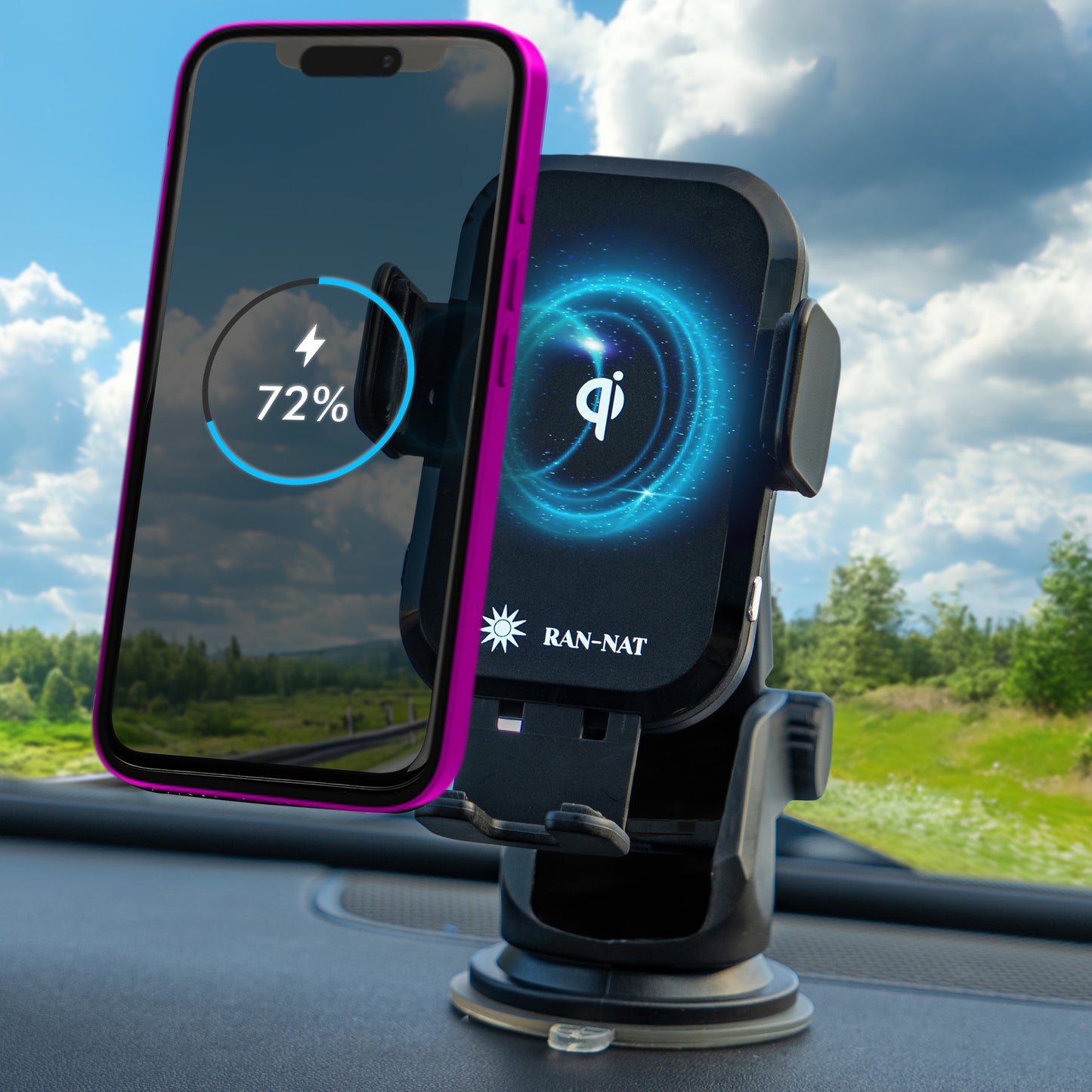 RAN-NAT Qi Wireless Car Charger - 15W Fast Charging Auto Clamping Charger, Car Dashboard Windshield and Air Vent Mount Holder fit for iPhone, Samsung Galaxy, Google Pixel etc. Mobile Cell Phones.
