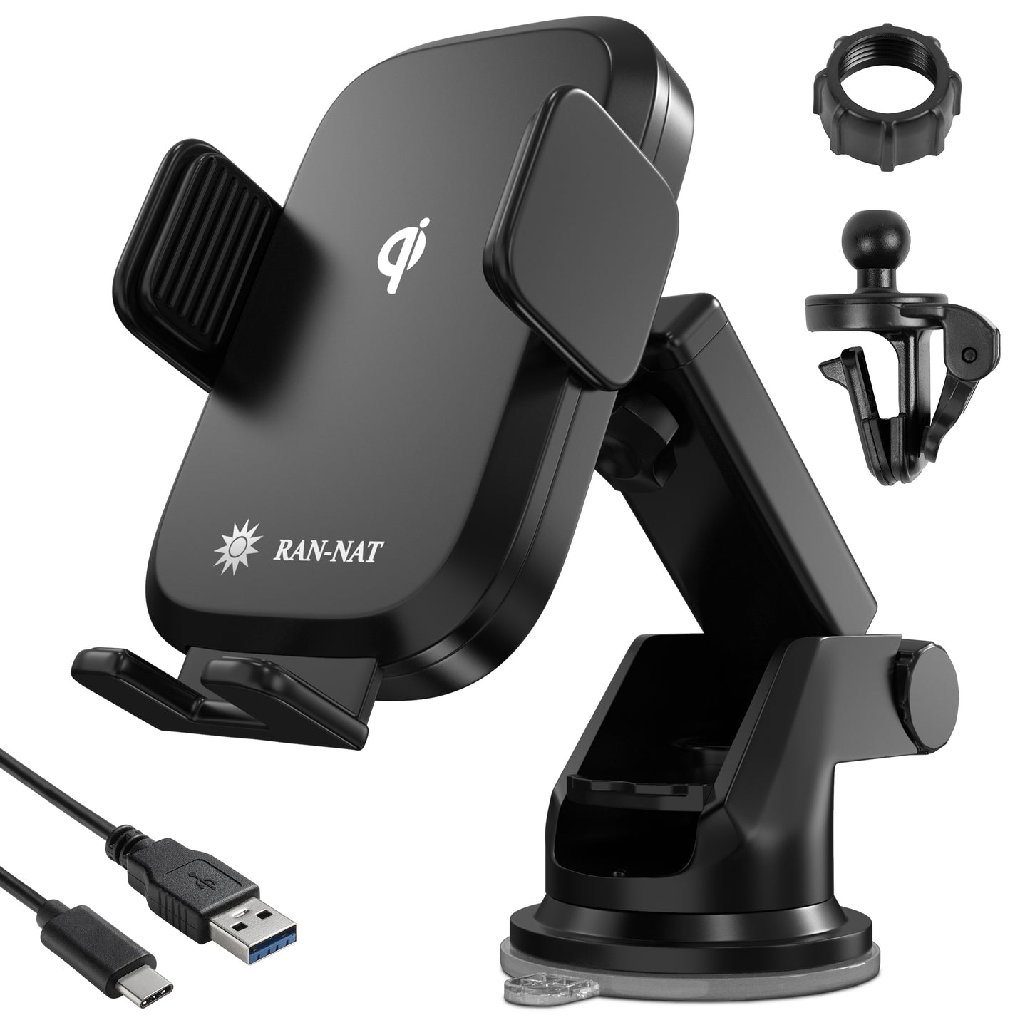 RAN-NAT Qi Wireless Car Charger - 15W Fast Charging Auto Clamping Charger, Car Dashboard Windshield and Air Vent Mount Holder fit for iPhone, Samsung Galaxy, Google Pixel etc. Mobile Cell Phones.