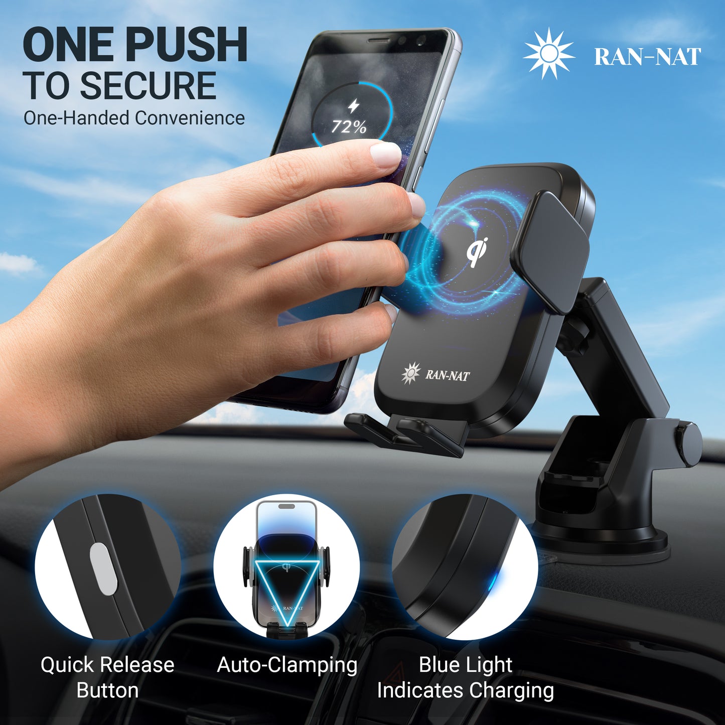 RAN-NAT Qi Wireless Car Charger - 15W Fast Charging Auto Clamping Charger, Car Dashboard Windshield and Air Vent Mount Holder fit for iPhone, Samsung Galaxy, Google Pixel etc. Mobile Cell Phones.
