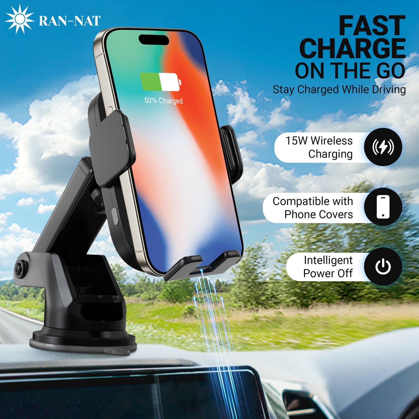 RAN-NAT Qi Wireless Car Charger - 15W Fast Charging Auto Clamping Charger, Car Dashboard Windshield and Air Vent Mount Holder fit for iPhone, Samsung Galaxy, Google Pixel etc. Mobile Cell Phones.