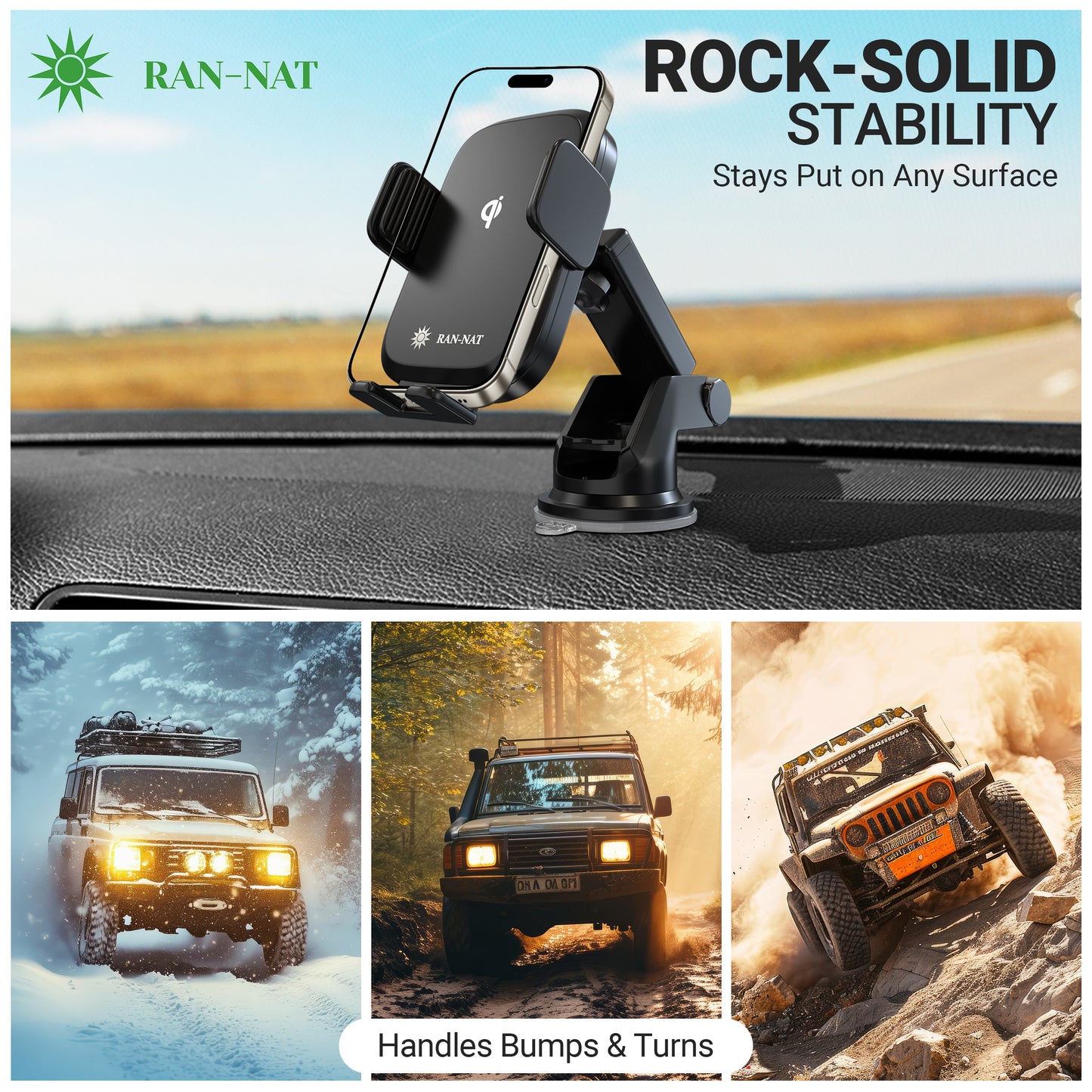 RAN-NAT Qi Wireless Car Charger - 15W Fast Charging Auto Clamping Charger, Car Dashboard Windshield and Air Vent Mount Holder fit for iPhone, Samsung Galaxy, Google Pixel etc. Mobile Cell Phones.