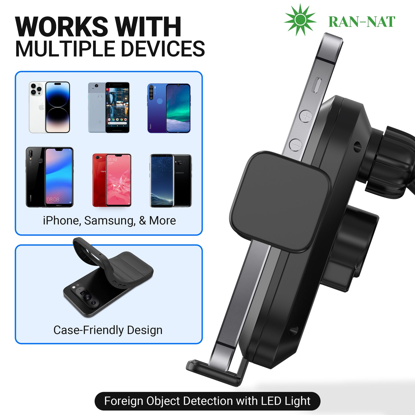 RAN-NAT Qi Wireless Car Charger - 15W Fast Charging Auto Clamping Charger, Car Dashboard Windshield and Air Vent Mount Holder fit for iPhone, Samsung Galaxy, Google Pixel etc. Mobile Cell Phones.