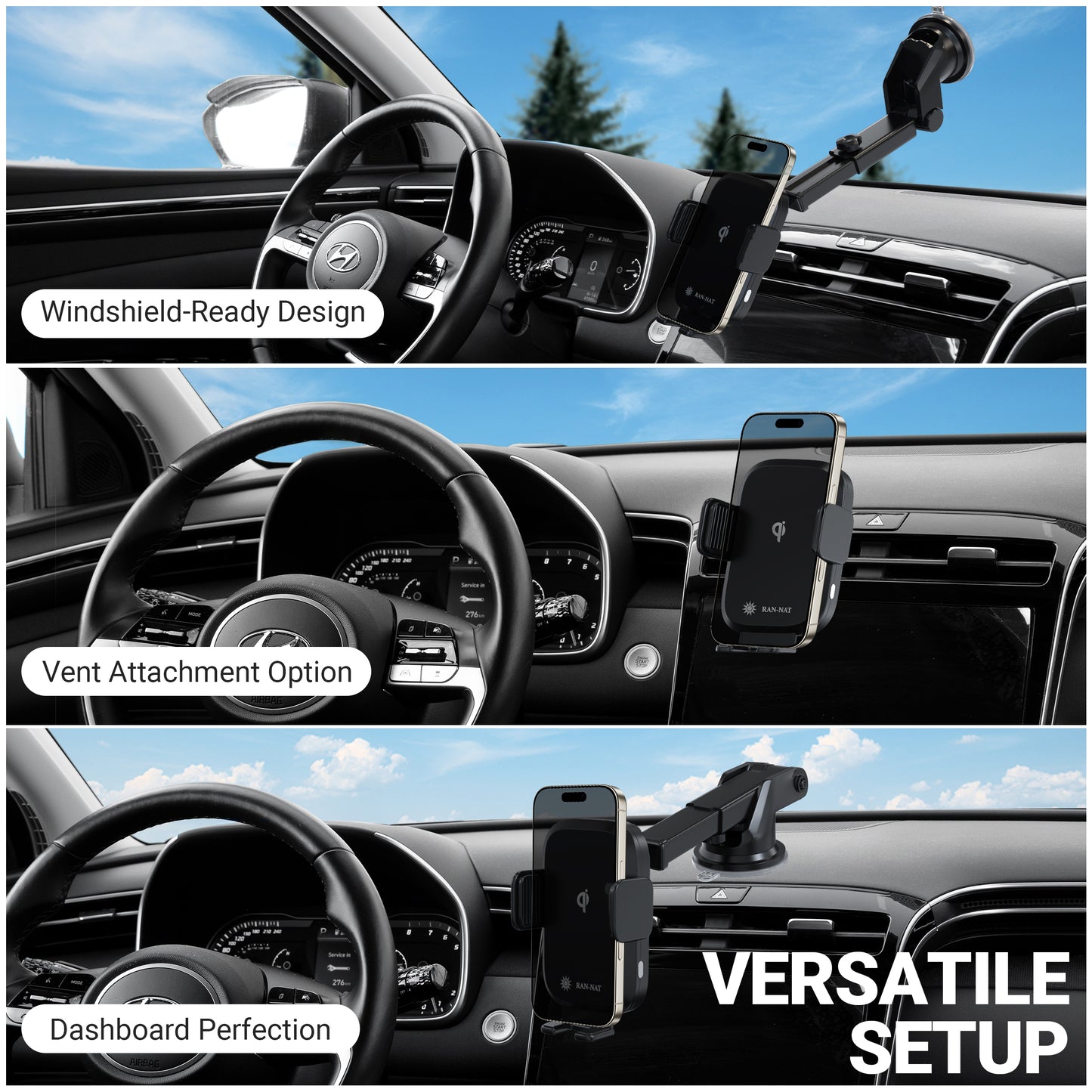 RAN-NAT Qi Wireless Car Charger - 15W Fast Charging Auto Clamping Charger, Car Dashboard Windshield and Air Vent Mount Holder fit for iPhone, Samsung Galaxy, Google Pixel etc. Mobile Cell Phones.