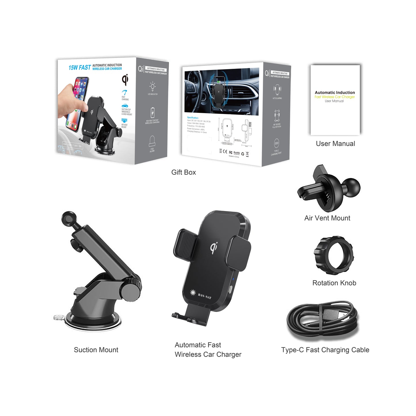 RAN-NAT Qi Wireless Car Charger - 15W Fast Charging Auto Clamping Charger, Car Dashboard Windshield and Air Vent Mount Holder fit for iPhone, Samsung Galaxy, Google Pixel etc. Mobile Cell Phones.