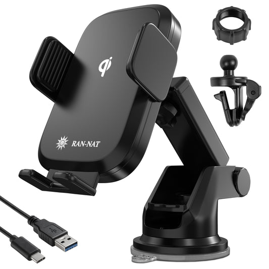 RAN-NAT Qi Wireless Car Charger - 15W Fast Charging Auto Clamping Charger, Car Dashboard Windshield and Air Vent Mount Holder fit for iPhone, Samsung Galaxy, Google Pixel etc. Mobile Cell Phones.
